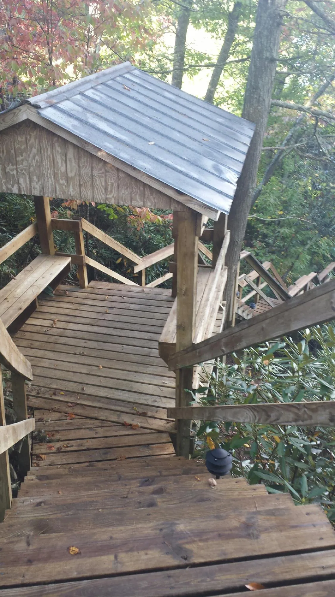 Metal roofed shelter over wooden steps on a wooded walkway — Skylight Repair & Installation work by our crew in Naperville